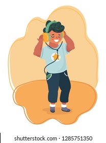 Vector cartoon illustration of funny boy cartoon listening music. Kid with Headphone.