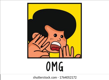 Vector cartoon illustration of a funny boy. Lettering text- omg. Isolated on white background.