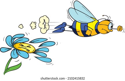 Vector cartoon illustration of a funny bumblebee flying like a superman. Suitable for stickers