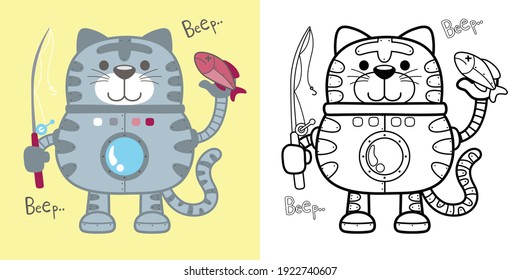 Vector cartoon illustration of funny cat robot standing holding fishing tackle and fish. Coloring book or page