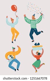 Vector cartoon illustration of funny celebrate people dancing at a party. People are dancing, having fun at a party. Jumping and dancing man and woman.