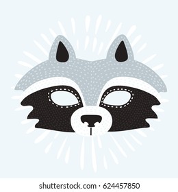 Vector cartoon illustration of funny childish mask of the Raccoon isolated on white. New Year or for festivals