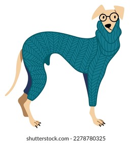 ilustración vectorial de perros graciosos y lindos en suéter azul de punto y gafas aislados en fondo blanco. útil para tiendas de mascotas, ropa para perros, productos para perros, cursos para perros, comida para perros, clubes de perrera.
