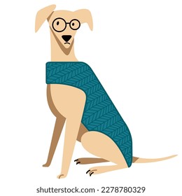 vector cartoon illustration of funny cute dogs in knitted blue sweater and glasses isolated on white background. useful for pet shops, dog clothes, dog products, dog courses, dog food, kennel clubs.