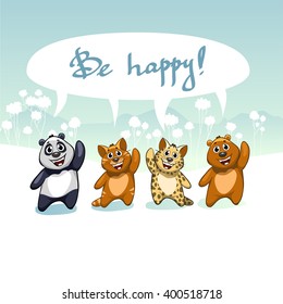 Vector cartoon illustration with funny cute cat, cheetah, bear and panda. Handwritten inscription "Be Happy"