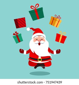 Vector cartoon illustration of funny cute Santa Claus sitting cross-legged in lotus position meditating, floating above ground with colorful gift boxes above him in a circle, contemporary flat style