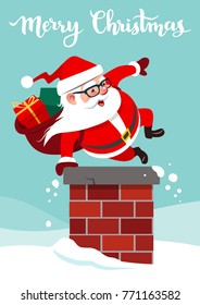 Vector cartoon illustration of funny cute Santa Claus with backpack full of gifts, jumping into a chimney doing  hand vault. Christmas festive holiday theme design element in contemporary flat style.