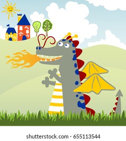 vector cartoon illustration of funny dragon with small castle