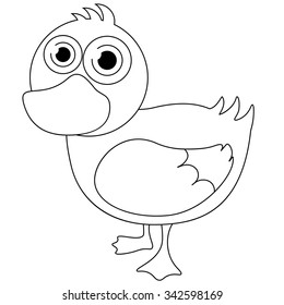 Vector cartoon illustration of a funny duck isolated on white background. Can be used for coloring book