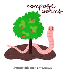 Vector cartoon illustration of funny earthworm near apple tree. Concept of organic fertilizer. Green plant grows from biohumus. Compost worms.