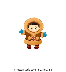 vector cartoon illustration of funny Eskimo child. Cute little baby Eskimo in a fluffy fur coat with a hood smiling. Traditional national clothes of the northern peoples Asian in winter clothes eps 10