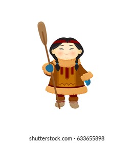 Vector cartoon illustration of funny Eskimo child. Cute girl with paddle. An Asian girl with a kayak paddle stands and smiles. Northern people, Yakut, Indian, Inuit, Chukchi, Evenk in national clothes