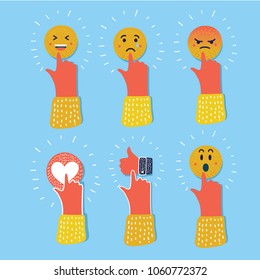 Vector cartoon illustration of funny flat style emoji emoticon reactions color icon set. Social smile expression collection. Hand push it. Mood. Thumb up, heart, sad, angry, laughing, crying faces 