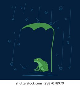 Vector cartoon illustration with a funny frog sitting under the green leaf in the rain.