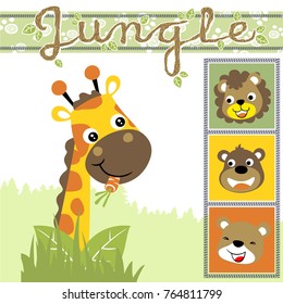 Vector cartoon illustration of funny giraffe eating carrot, cute lion with bear and monkey smile face