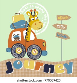 Vector cartoon illustration of funny giraffe with mouse on car
