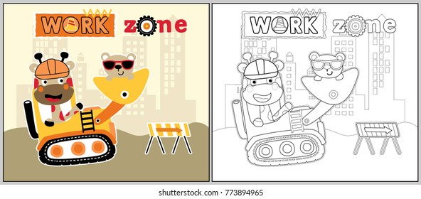 Vector cartoon illustration of funny giraffe with bear on construction vehicle, coloring book or page