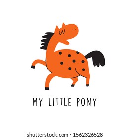 Vector cartoon illustration of funny horse or pony and text My Little pony svg