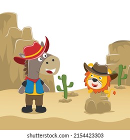 Vector cartoon illustration of funny horse and lion the cowboy in the desert, T-Shirt Design for children. Creative vector childish background for wallpaper, poster and other decoration.