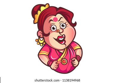 Vector cartoon illustration of funny iyer aunty ji face expression. Isolated on white background.