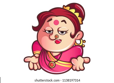 Vector cartoon illustration of funny iyer aunty ji both hand expression. Isolated on white background.