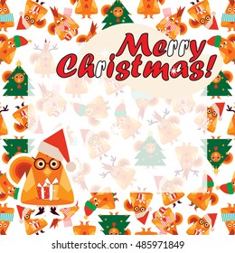 Vector cartoon illustration. Funny Kawaii smiling roosters in flat style. Merry Christmas card design, restaurant menu, package design, banners, frames. Festive holiday winter background