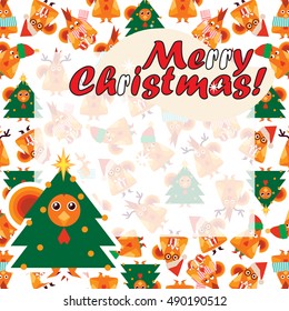 Vector cartoon illustration. Funny Kawaii smiling roosters in flat style. Merry Christmas card design, restaurant menu, package design, banners, frames. Festive holiday winter background