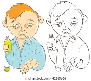 Vector cartoon illustration of a funny little man looking sick and sad with the flu or a bad cold, holding cough syrup bottle and pills.