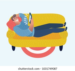 Vector cartoon illustration of funny cartoon man on sofa with tablet in his hands. Character in red t-shirt lying relaxing and watch movie.