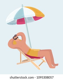 Vector cartoon illustration of funny man lying in a chaise lounge on the beach.Person take rest on holiday while sitting under umbrella on the beach.