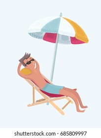 Vector cartoon illustration of funny man with the beard lying in a chaise loungue on the beach.Person take rest on holiday while sitting under umbrella on the beach.