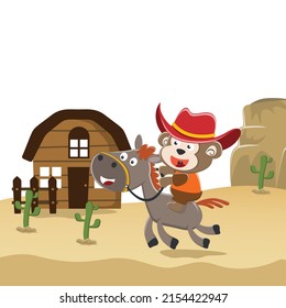 Vector cartoon illustration of funny monkey the cowboy riding a brown horse in the desert, T-Shirt Design for children. Creative vector childish background for wallpaper, poster and other decoration.