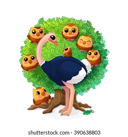 vector Cartoon illustration funny ostrich and cute owl in oak. Colorful print art ABC letter O. Clip art isolated on white background. EPS 10 without mesh
