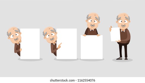 Vector cartoon illustration of funny overweight bald grandfather character shows a sheet with the contract. Vector illustration in cartoon flat style, isolated on a white background.