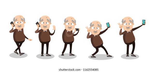 Vector cartoon illustration of funny overweight bald grandfather character showing the smartphone. Vector illustration in cartoon flat style, isolated on a white background.