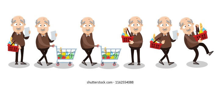 Vector cartoon illustration of funny overweight bald grandfather character carrying a grocery cart full of groceries in the supermarket. Vector illustration in cartoon flat style