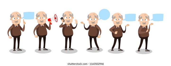 Vector cartoon illustration of funny overweight bald grandfather character speaking into a shout or a megaphone. 