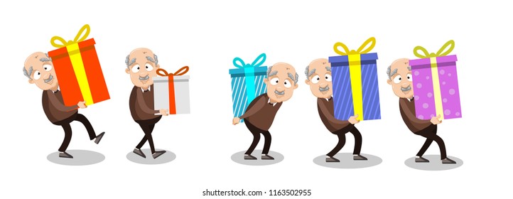 Vector cartoon illustration of funny overweight bald grandfather character giving gifts. Making surprise and bring big wrapped gift box. 