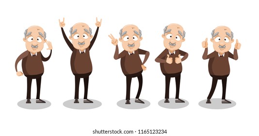 Vector cartoon illustration of funny overweight bald grandfather character gesturing, showing signs with hands. Happy old grandpa character design.