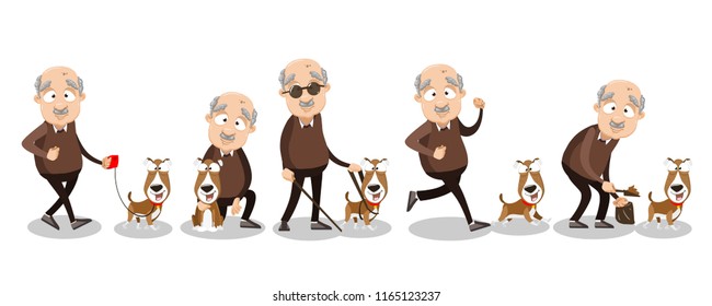 Vector cartoon illustration of funny overweight bald grandfather character walking with a dog. Caring for a four-footed friend. 
