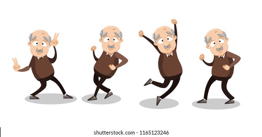 Vector cartoon illustration funny overweight bald grandfather character dancing. Happy old man character design. Isolated on white background.