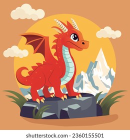 Ilustración de dibujos animados, divertido dragón rojo sobre una gran piedra contra el fondo de las montañas.