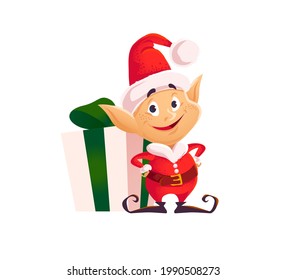 Vector cartoon illustration with funny santa elf character and gift box isolated. Flat Christmas illustration. For banners, sales, party decor, cards, packaging etc.