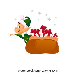 Vector cartoon illustration with funny santa elf character and big bag with gift boxes isolated. Flat Christmas illustration. For banners, sales, party decor, cards, packaging etc.