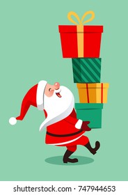 Vector cartoon illustration of funny Santa Claus character carrying a stack of big colorful gift boxes, isolated on aqua green background in contemporary flat style. Christmas theme design element