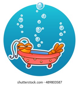 Vector cartoon illustration of funny Sea Shrimp with bubbles. Kawaii cartoon character, shrimp relaxing in a bath. Perfect for stickers, logo, ocean undersea animal