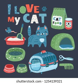 Vector cartoon illustration of Funny set of cat grooming icons. Cat food and accesories.