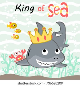 vector cartoon illustration of funny shark wearing crown with fishes and crab undersea 