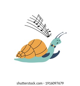 Vektor Cartoon Illustration der lustigen Sängerin Schnecke. Frisch gezeichnetes Kinderdesign-Element einzeln auf Weiß. Doodle-Skandinavier Stil.