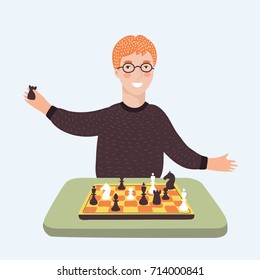 Vector cartoon illustration of funny smart boy in glass playing chess. Character on white isolated background